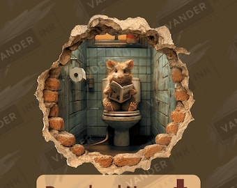 Topolino del WC nel muro, stampabile in formato PNG, download digitale, adesivo divertente con topo seduto sul WC, umorismo da bagno, design fai da te