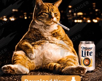 Funny Smoking Cat PNG Digital Download Meow Lite Beer Cat Design Lazy Fat Cat Graphic Dark Humor Meme Sarcastic Cat Lover Gift Viral Art
