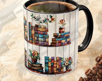 Tazza da libreria in vetro colorato da 11 oz, 15 oz / Tazza da caffè floreale per amanti dei libri / Accogliente regalo estetico da biblioteca per lettori e insegnanti