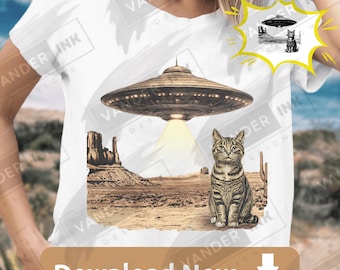 Vintage UFO Cowboy Cat PNG Download Digitale Retro Uap Alien Western Kitten Funny Meme DIY Craft Design