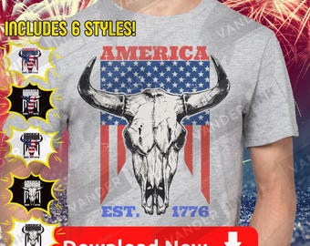 America Est 1776 Teschio di toro PNG Download digitale 4 luglio 4 Patriottico Western USA Giorno dell'Indipendenza Bandiera Distressed DIY