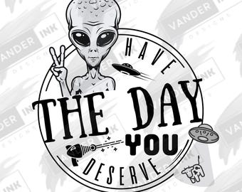Auguri per la giornata che meriti PNG Download digitale Divertente alieno UFO rapimento mucca Design retrò fantascientifico per Cricut fai da te
