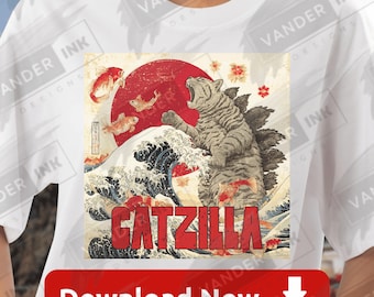 Catzilla PNG Download digitale Divertente Catzilla Onda Giapponese Arte Kaiju Gatto Vintage Retro Mostro Gattino Clipart Fai da te