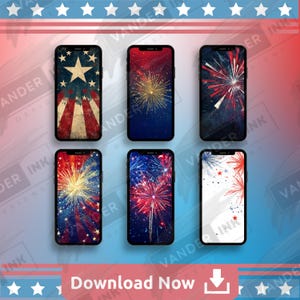 4th of July Phone Wallpaper Pack, Patriotic Fireworks Abstract Stars, 6 Unique Designs for iPhone & Android, Red White Blue, Holiday Art