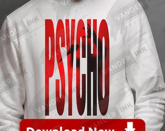 Download digitale Vintage Psycho PNG, spaventoso film horror di Halloween, regalo per amanti del genere, decorazione per tenda da doccia, design del carattere thriller, fai da te