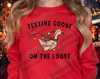 Oca festiva in libertà Natale divertente vacanza umorismo oca sciocca anatra vintage retrò Natale girocollo maniche lunghe Gildan 18000