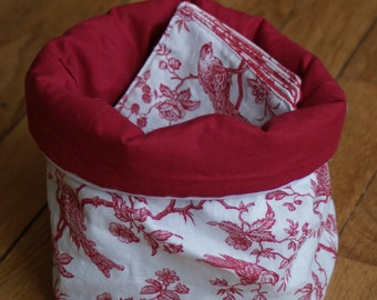 Lot de 7 lingettes lavables en coton imprimé oiseau rouge avec sa panière de rangement artisanal