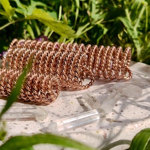 May include: A close-up of a copper coil and several clear quartz crystals. The coil is made of tightly wound copper wire. The crystals are elongated and translucent, resting on a light-coloured surface, surrounded by green foliage.