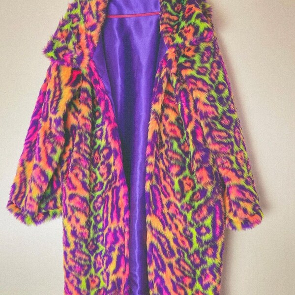 Rainbow leopard print faux fur rave festival coat, animal print , leopard, burningman , tiger print , psychedelic