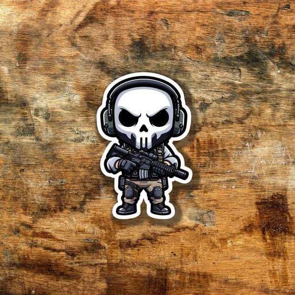 Call of Duty Ghost Inspired Chibi Sticker: Tactical Gamer Decal for Laptops, Skateboards - Perfect Gift for COD Fans, Collectible Art Piece