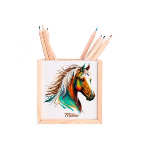 Può includere: Portapenne in legno con un'illustrazione di cavallo colorato e il nome "Méline" stampato sul davanti.