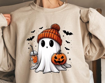 Cute Halloween Ghost Sweatshirt, Spooky Season Halloween Womens Gift Hoodie, Halloween Pumpkin Spice Coffee Sweater, Boo Crewneck Sweatshirt