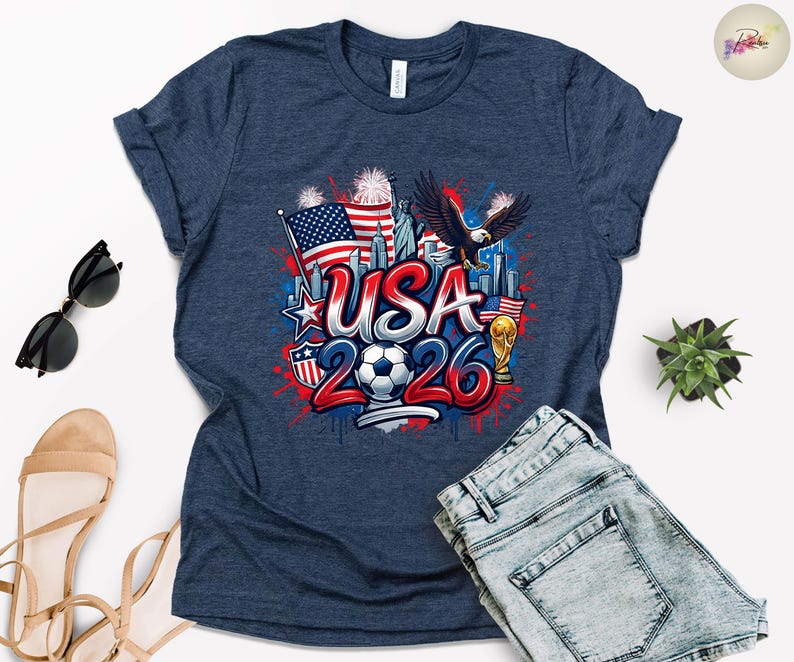 May include: Navy blue t-shirt with a graphic design featuring the text "USA 2026", an American flag, a soccer ball, an eagle, and the Statue of Liberty. The design incorporates red, white, and blue colors.