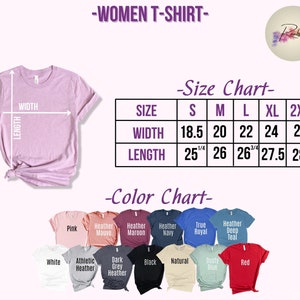 K&ouml;nnte beinhalten: Gr&ouml;&szlig;entabelle f&uuml;r Damen-T-Shirts mit Ma&szlig;en in Zoll. Farbkarte mit verschiedenen T-Shirt-Farben: Wei&szlig;, Rosa, Heather Mauve, Heather Maroon, Heather Navy, True Royal, Heather Deep Teal, Athletic Heather, Dark Grey Heather, Schwarz, Natur, Dusty Blue und Rot.