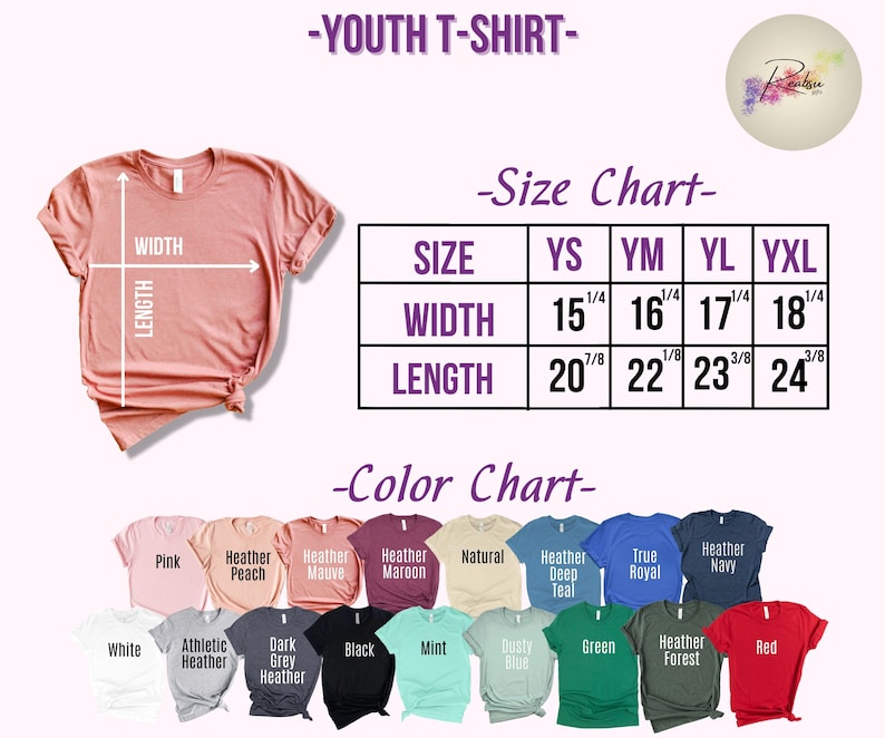 K&ouml;nnte beinhalten: Gr&ouml;&szlig;entabelle f&uuml;r T-Shirts f&uuml;r Kinder mit Ma&szlig;en in Zoll. Die Tabelle zeigt die Breite und L&auml;nge des Shirts in verschiedenen Gr&ouml;&szlig;en: YS, YM, YL und YXL. Eine Farbtabelle zeigt die verschiedenen Farben, die f&uuml;r das T-Shirt verf&uuml;gbar sind, darunter Pink, Pfirsich, Lila, Rotbraun, Natur, Teal, Royal, Marine, Wei&szlig;, Athletik-Heather, Dunkelgrau-Heather, Schwarz, Minze, Staubiges Blau, Gr&uuml;n, Heather Forest und Rot.
