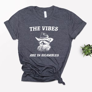 K&ouml;nnte beinhalten: Ein dunkel-helles graues T-Shirt mit einer wei&szlig;en Grafik eines Waschb&auml;ren, der einen Cowboyhut tr&auml;gt. Der Text "THE VIBES ARE IN SHAMBLES" ist auf das T-Shirt gedruckt.