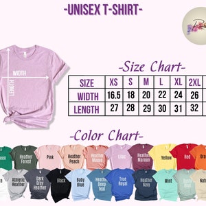 May include: A light purple unisex t-shirt with a size chart and color chart. The size chart shows measurements for XS to 3XL sizes, with widths ranging from 42 to 71 cm and lengths from 69 to 84 cm. The color chart displays various t-shirt colors.