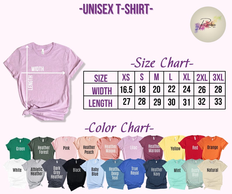 May include: A light purple unisex t-shirt with a size chart and color chart. The size chart shows measurements for XS to 3XL sizes, with widths ranging from 42 to 71 cm and lengths from 69 to 84 cm. The color chart displays various t-shirt colors.