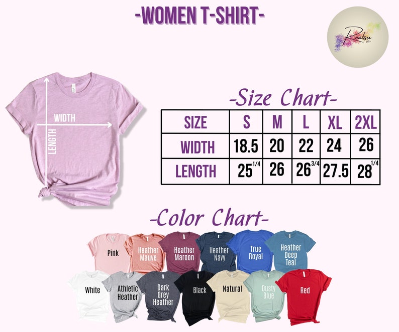 May include: A light purple women's t-shirt with a size and colour chart. The size chart shows width and length measurements in inches. The colour chart displays various t-shirt colours, including pink, white, and red.