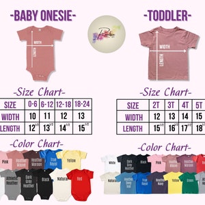 K&ouml;nnte beinhalten: Gr&ouml;&szlig;entabelle f&uuml;r Baby-Bodys und T-Shirts f&uuml;r Kleinkinder. Die Tabelle zeigt die Breiten- und L&auml;ngenma&szlig;e in Zoll f&uuml;r verschiedene Gr&ouml;&szlig;en. Die Farbtabelle zeigt eine Vielzahl von Farben, die f&uuml;r die Bodys und T-Shirts verf&uuml;gbar sind, darunter Pink, Heather Mauve, Heather Maroon, True Royal, Gelb, Wei&szlig;, Athletic Heather, Dark Grey Heather, Schwarz, Natur und Rot.