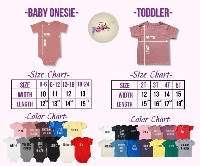 K&ouml;nnte beinhalten: Gr&ouml;&szlig;entabelle f&uuml;r Baby-Bodys und T-Shirts f&uuml;r Kleinkinder. Die Tabelle zeigt die Breiten- und L&auml;ngenma&szlig;e in Zoll f&uuml;r verschiedene Gr&ouml;&szlig;en. Die Farbtabelle zeigt eine Vielzahl von Farben, die f&uuml;r die Bodys und T-Shirts verf&uuml;gbar sind, darunter Pink, Heather Mauve, Heather Maroon, True Royal, Gelb, Wei&szlig;, Athletic Heather, Dark Grey Heather, Schwarz, Natur und Rot.