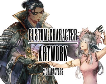 May include: Custom character artwork featuring two characters. A male character with black hair and a black eyepatch is wearing a dark blue and purple outfit with gold accents. A female character with long white hair and a pink dress is holding a staff with a gold handle.