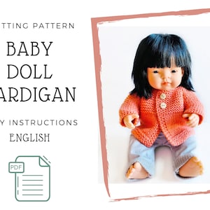 May include: Knitting pattern for a baby doll cardigan. The pattern includes easy instructions in English and is available as a PDF download. The image shows a doll wearing a knitted cardigan in a peach color.