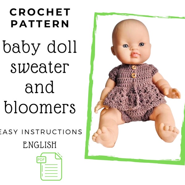 Baby Doll Sweater And Bloomers Crochet Pattern, Doll Sweater Pattern, 13-15" Doll Clothes Crochet Pattern. Crochet Jacket for Baby Doll PDF