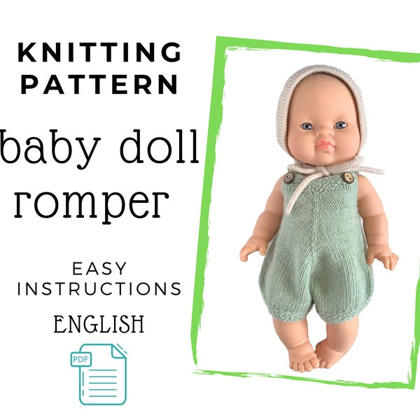 Baby Doll Romper Knitting Pattern, 13-15" Doll Clothes Knitting Pattern, Minikand, Miniland knitting pattern