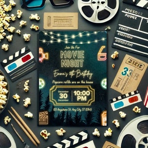 Invitación para una noche de cine (EDITABLE), Invitación para una noche de cine en el patio, Cumpleaños con película al aire libre, Invitación para una pijamada, Descarga digital instantánea, MN2
