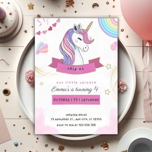 Editable Unicorn Birthday Invitation Magical Pastel Rainbow Unicorn Birthday Party Whimsical Fairytale Unicorn Party Instant Download, UN1