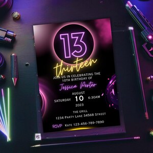 Neon Birthday Invitation Glow Pink Birthday Invitation 13th Birthday Invitation, Teenager Birthday Invitation Any Age Girl Birthday, PN8