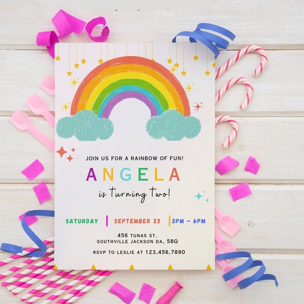 Rainbow Birthday Invitation Colorful Pastel Rainbow Party Invite Rainbow of Fun Gold Stars Sprinkle Girl Editable Printable Download