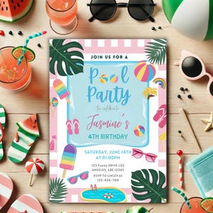 Editable Pool Party Invitation, Girl Pool Birthday Party, Pastel Summer Invite, Summer Birthday Party, Swimming Party Instant Download S79