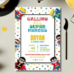 Convite de aniversário de super-heróis editável, convite para festa de aniversário de super-heróis para impressão, modelo de festa infantil, download instantâneo de super-heróis S79