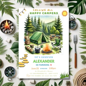 Faire-part d'anniversaire de camping, joyeux campeur, anniversaire de camp d'été Cottagecore, modèle imprimable modifiable de camping vintage, CI3