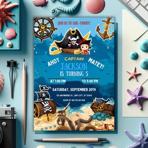 Faire-part pirate modifiable, faire-part d'anniversaire pirate, modèle sur le thème des pirates, carte d'anniversaire sur le thème des pirates, fête des pirates, Ahoy Mate inviter RL7