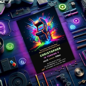 Arcade-Einladung, Arcade-Geburtstags-Einladung Arcade-Party Arcade-Neon-Spiel laden Sofortiger Download, druckbare, bearbeitbare Canva-Vorlage N98 ein