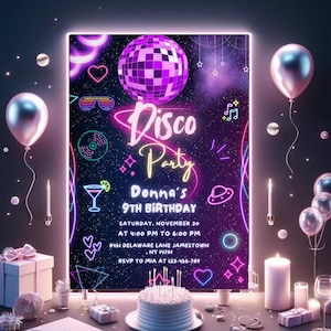 Editable Disco Party Birthday Invitation, Tie Dye Disco Birthday Invite, Glow Dance Party Template, Neon Girl Party Invitation Download, D12