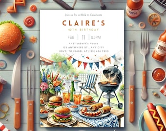 BBQ Birthday Invitation, Red Gingham, Summer Cookout (EDITABLE)
