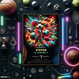 Bewerkbare sport verjaardagsuitnodiging sport neon feest uitnodiging sport gloed uitnodigen sport thema All Star Sports Evite Instant Download S12