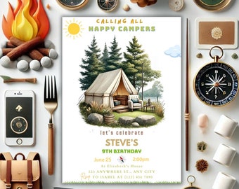 Camping Birthday Invitation Template, Editable Campout Party Invite (Digital Download)