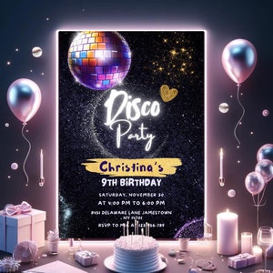 Bearbeitbare Disco Dance Party Einladung, Neon Glow Geburtstag einladen, druckbare Retro Party Vorlage Mädchen Disco Neon Party Sofortiger Download Y99