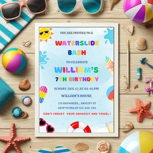 Editable Waterslide Birthday Invitation Boy Tie Dye Water slide Party Invite Pool Party Invite Instant Download Waterpark Party Invite W53