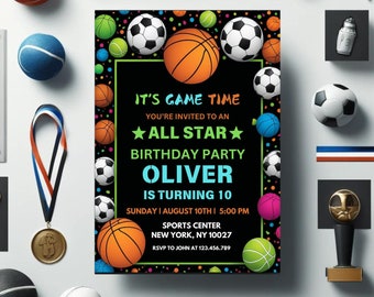 May include: A black and green birthday party invitation with a colorful sports theme. It's Game Time! You're invited to an All Star Birthday Party for Oliver, who is turning 10. The invitation features a variety of sports balls, including basketballs, soccer balls, and tennis balls. The text is in white and green. The party is at the Sports Center in New York, NY on Sunday, August 10th at 5:00 PM. RSVP to John at 123.456.789.