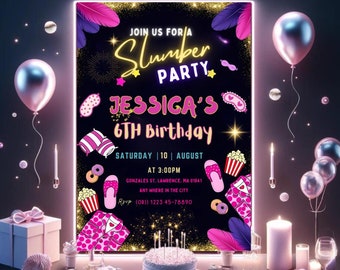 Retro Neon Slumber Party Birthday Invitation (Editable Template, Instant Download)
