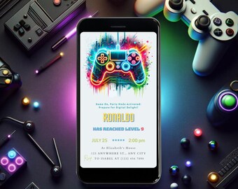 Invitación de cumpleaños de videojuegos, texto móvil (descarga digital)