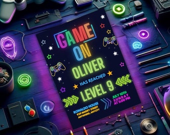 Neon Game On Birthday Invitation, Level Up Gamer Party (Digital Download)