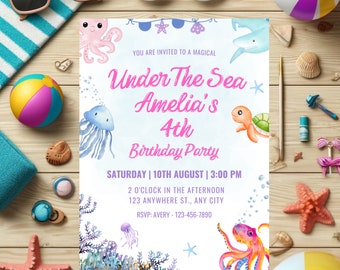 Editable Under The Sea Birthday Invitation, Ocean Animals (Canva Template)