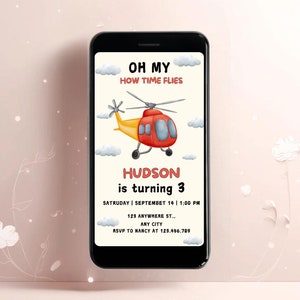 Fête d'anniversaire en hélicoptère, faire-part d'anniversaire de pilote de téléphone portable, invitation texte en hélicoptère, invitation électronique à une fête d'anniversaire d'avion W21